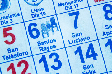 Close up of a Calendar on the Wisemen day Jan 6. The biblical Magi, also referred to as the Wise Men or Kings in spanish