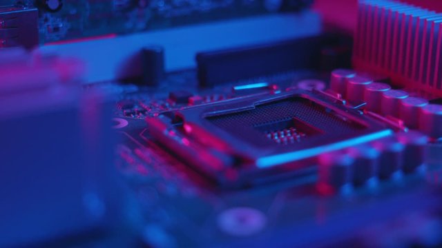 Part macro electronic of a computer disassemble the laptop debrief the computer parts circuit industry microprocessors metal technology engineering tech close up slow motion