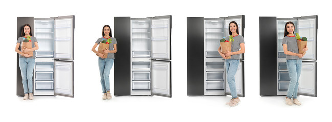 Collage of woman with bag of groceries near open empty refrigerators on white background