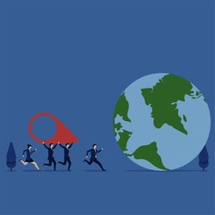 Business flat vector concept team bring location icon to globe metaphor of we are move.