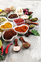 Spices and herbs on table. Food and cuisine ingredients and lemon