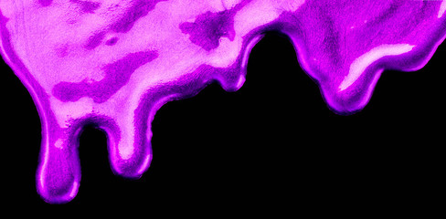 Dripping liquid purple colour paint texture, isolated on black background. Flowing violet color metallic paint drops close-up. Leaking Lipgloss, blots of nail polish.