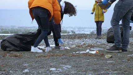 volunteers clean up trash on the beach in the fall. environmental issues