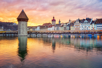 Fototapeta premium Dramatic sunset over historical Lucerne Old town, Switzerland
