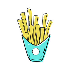 Cute drawing french fries drink in doodle style, fast food and instant food.