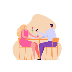 Romantic couple in love having dinner at table with flowers and wine. Young man offer a marriage and presents ring. Concept of romantic dinner, love and marriage. Vector illustration in flat design