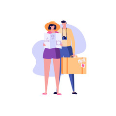 Romantic couple travel with luggage and map. Young guy and girl in vacation looking for a hotel. Concept of family tourism, love travel. Vector illustration in flat cartoon design