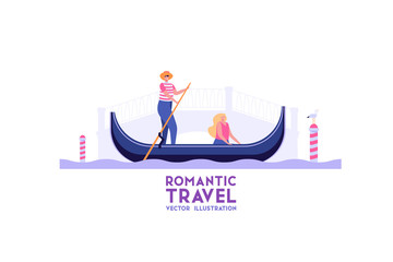 Romantic travelling in Venice. Gondolier carries a girl in a gondola on the channel. Summer vacation concept. Vector illustration in flat cartoon design © Aleksandr