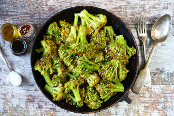 Broccoli cooked in a pan. Healthly food.