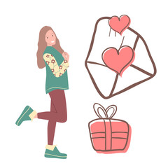 Cute drawing of a girl who received a gift. A love letter and a gift for Valentine's Day.