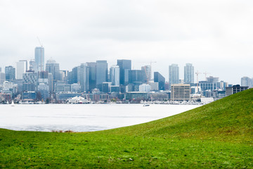 Green hill and lake with Seattle skyline