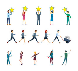 Set of business characters in different poses isolated on the white background. Flat style. Vector illustration