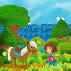 Fototapeta premium cartoon forest scene with princess with his horse standing on the path near the shore of ocean or sea - illustration for children