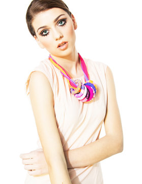 Fashion model, vogue 60s fashion and make up style, modern Twiggy fashionable look, studio on white