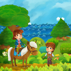 cartoon forest scene with prince with his horse standing on the path near the shore of ocean or sea - illustration for children