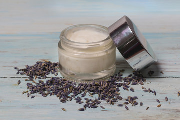 Lavender and almond oil facial cream in glass jar