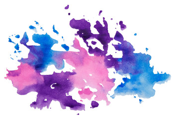 Abstract Watercolor Blue, Pink, Violet Blot Isolated on White Background.