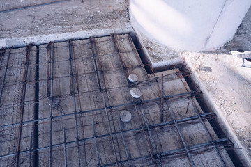 Deformed steel bars. Steel structure construction, structure of concrete for building bridge, Beautiful structure steel construction. ..A deformed steel bars frame inside concrete footing or floor