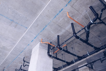 Water pipe engineering, clean line watering transport system in the building. Water pipe system. Construction work.Installation of water pipes in the building.Water pipe system within the building.