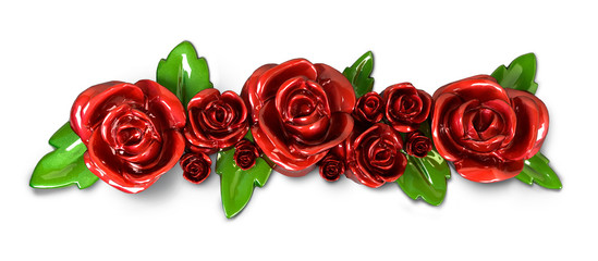 Red ceramic roses with green leaves on a white background with a shadow. 3D Render