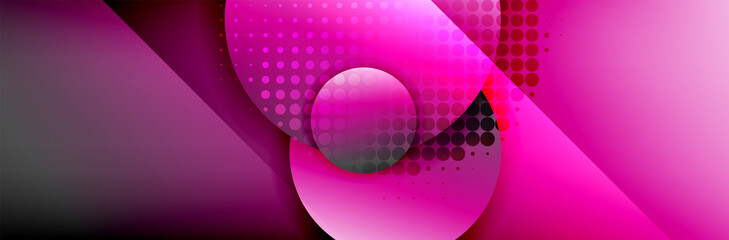 Dynamic trendy geometrical abstract background. Circles, round shapes 3d shadow effects and fluid gradients. Modern overlapping round forms