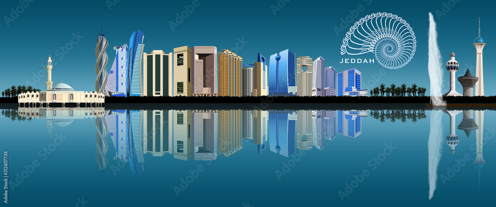 Wall mural Jeddah city skyline depicting famous landmarks and its reflection on the Red Sea