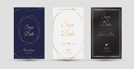 Wedding invitation cards. Template with gold geometric line. Vector illustration