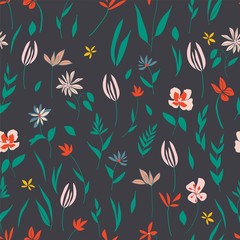 Botanical floral seamless vector pattern with colorful flowers and leaves editable and separable