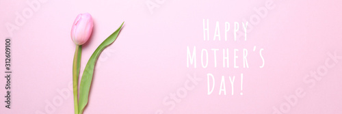 Happy Mother's day wording with pink tulips on the pink background. Flat lay, top view. Mother's day holiday celebration card. Horizontal, banner format
