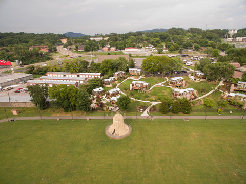 A drone, birds eye, aerial view of a local park in the tourist town of Pigeon Forge Tennessee