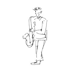 Saxophonist cartoon character, linear hand draw vector illustration