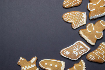 Gingerbread cookies, Christmas homemade gingerbread with empty copy space. Celebration cooking Winter concept. New year and Xmas postcard or invitation