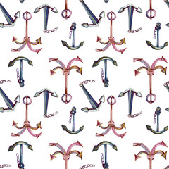 Hand drawn seamless watercolor pattern of marine theme with sea anchors. Summer childish print. Good for wallpapers, backgrounds, fabrics, cards, covers.