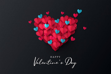 Happy Valentine's Day banner. Holiday background design with big heart made of pink, red and blue Origami Hearts on black fabric background. Horizontal poster, flyer, greeting card, header for website - obrazy, fototapety, plakaty