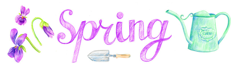 Spring logo. Watering can, violet flower, garden shovel, gardening. Colored pencil sketch.