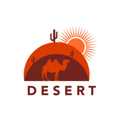 Desert logo design template with sunset and a silhouette of a camel. illustration