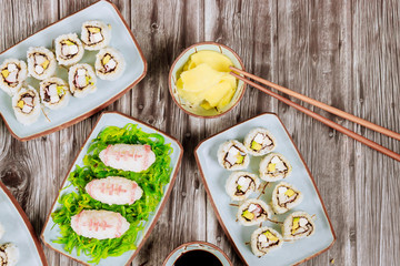 American football game catering food for party. Japanese cuisine.