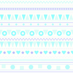 Horizontal vector seamless pattern consists of blue shapes, hearts, stars, stripes. Ornament isolated on white background