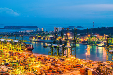 Fototapeta premium Container Cargo ship and Cargo plane with working crane bridge in shipyard, logistics and transportation concept