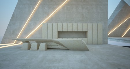 Abstract architectural concrete interior of a modern villa on the sea with swimming pool and neon lighting. 3D illustration and rendering.