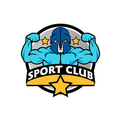 Fitness logo badge with muscle man, Gymnastic logo template vector, Body Build logo badge
