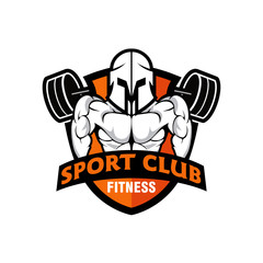 Fitness logo badge with muscle man, Gymnastic logo template vector, Body Build logo badge