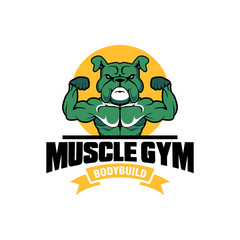 Fitness logo badge with muscle man, Gymnastic logo template vector, Body Build logo badge