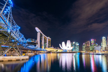Marina bay, Singapore, 14 February 2018, Helix bridge with Marina bay and Singapore central business district background at night time