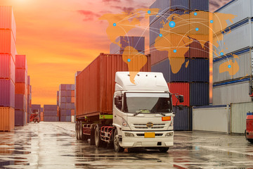 truck with container box in logistics area in a global trading connection technology