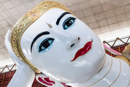 Beautiful Reclining Buddha Chauk htat gyi. Buddha Temple in Yangon, Myanmar,