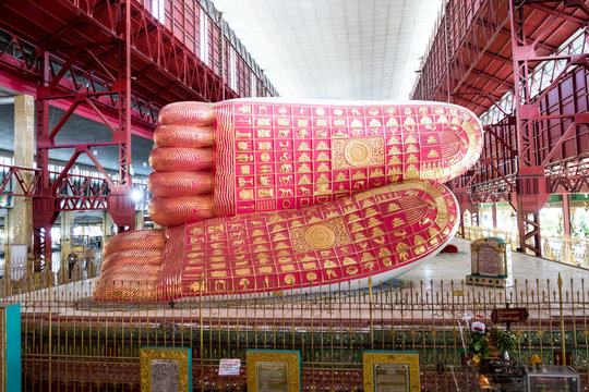 Beautiful Reclining Buddha Chauk htat gyi. Buddha Temple in Yangon, Myanmar,
