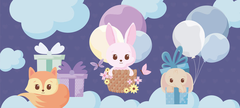Cute rabbit fox and elephant cartoon vector design