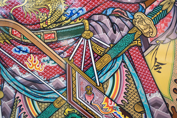 Ancient china pattern on wall in Thailand Buddha Temple , Asian Buddha style art