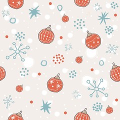 Winter Seamless Pattern with festive red ornaments and funky snowflakes
